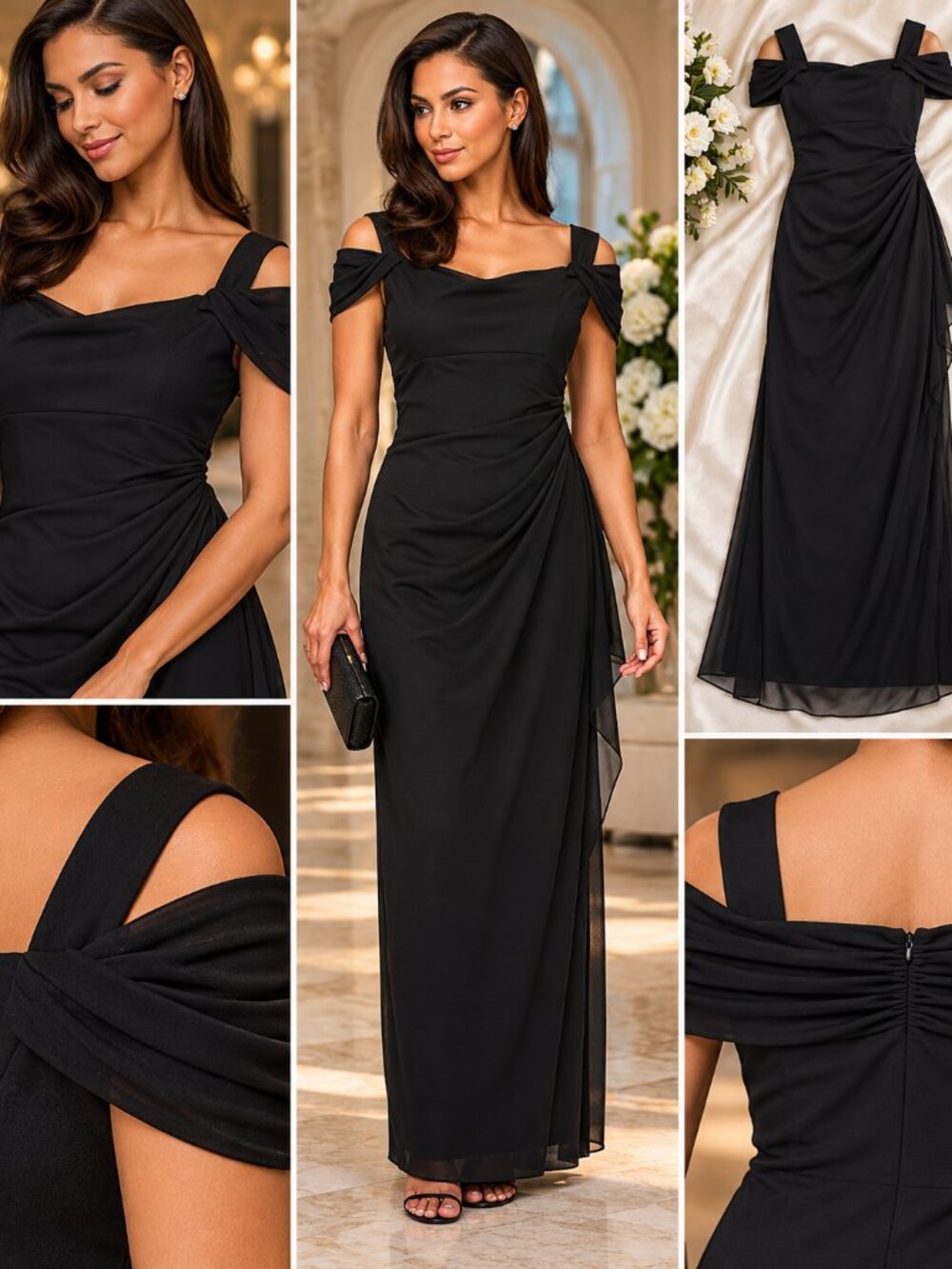 Alex Evenings Plus Size 14W Black Cold Shoulder Draped Formal Gown